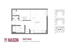 A floor plan for a one bedroom apartment at The Mason Apartments.