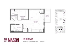 A floor plan of a studio apartment at The Mason Apartments.