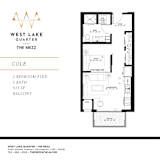 A floor plan for a property at West Lake Quarter shows a 1 bedroom, 1 bath, 513 square foot balcony.
