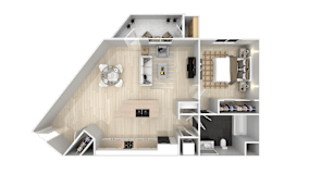 A top-down view of a house layout with a kitchen, living room, and bedrooms.
