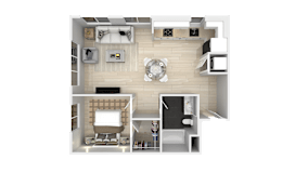 3D floor plan of one bedroom apartment layout at The Dylan Apartments, LLC, Hercules