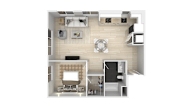 3D floor plan of studio apartment layout at The Dylan Apartments, LLC, California