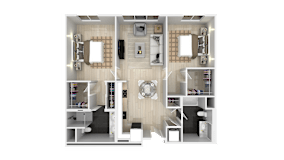 3D floor plan of two bedroom two bathroom apartment at The Dylan Apartments, LLC, California