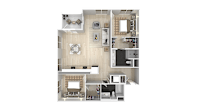 3D floor plan of two bedroom with dual bathrooms at The Dylan Apartments, LLC, Hercules, California