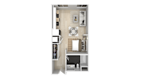 3D floor plan of studio with open living space at The Dylan Apartments, LLC, Hercules, CA 94547