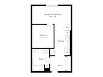 A floor plan of a small apartment with a living room, bedroom, kitchen, and bathroom.