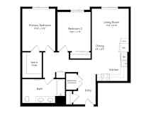 A floor plan of a home with a living room, two bedrooms, a bathroom, a dining area, and a kitchen.