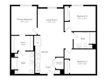 A black and white image of a floor plan for a house with three bedrooms and a living room.