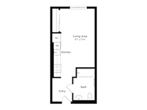 A floor plan of a small apartment with a living area, kitchen, bath, and entry.