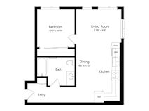 A black and white image of a floor plan for a small apartment.