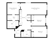 A floor plan of a home with a living/dining room, kitchen, and three bedrooms.