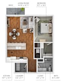 A diagram of a house showing the living room, bedroom, patio, kitchen, bathroom, and laundry room with their respective dimensions.