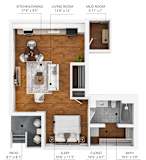 A floor plan of a small apartment with a kitchen, living room, and bathroom.