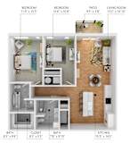 A diagram of a small apartment layout with a living room, kitchen, two bedrooms, a bathroom, and a closet.