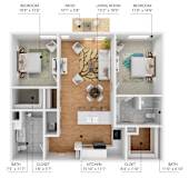 A floor plan of a house with a living room, two bedrooms, a patio, a bathroom, a kitchen, a cloet, and a closet.