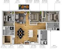 A floor plan of a house with a living room, two bedrooms, a bathroom, a kitchen, a dining room, a laundry room, and a patio.