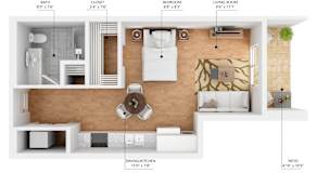 A floor plan of a small apartment with a living room, dining area, kitchen, bedroom, and bathroom.