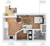 A floor plan of a small apartment with a living room, kitchen, bathroom, and patio.