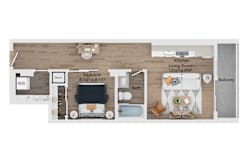 A floor plan of a home showing a bedroom, bathroom, kitchen, living room, and balcony.