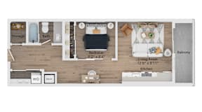 A floor plan of a living room, kitchen, and bedroom.
