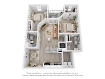 A 3D floor plan of a house with a kitchen, living room, and two bedrooms.