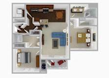 A top-down view of a house layout with a kitchen, living room, and bedrooms.