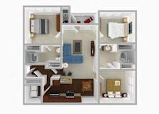 A 3D floor plan of a small apartment with a kitchen, living room, and bedroom.