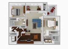 A 3D floor plan of a house with a kitchen, living room, and bedrooms.