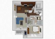 A top-down view of a small apartment with a kitchen, living room, and bathroom.