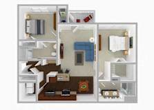 A 3D floor plan of a house with a kitchen, living room, and bedrooms.