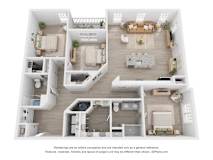 A 3D floor plan of a house with two bedrooms, a living room, a kitchen, and a bathroom.