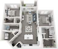 A top-down view of a modern apartment layout with a kitchen, living room, bedrooms, and bathrooms.