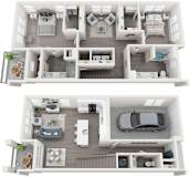 A top-down view of a two-story apartment layout with a car parked in the garage.