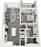 A floor plan of a small apartment with a living room, kitchen, and bedroom.