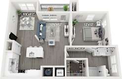 A floor plan of a house with a kitchen, living room, and two bedrooms.
