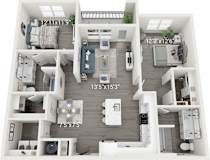 A 3D floor plan of a house with labeled dimensions.