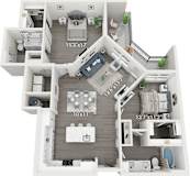 A 3D floor plan of a house with labeled dimensions.