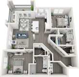 A 3D floor plan of a house with dimensions and furniture layout.