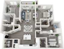A 3D floor plan of a house with labeled dimensions.