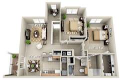 A 3D floor plan of a house with a living room, kitchen, and two bedrooms.