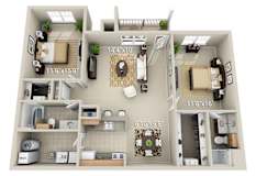 A 3D floor plan of a house with labeled dimensions.