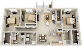 A 3D floor plan of an apartment with dimensions and room labels.