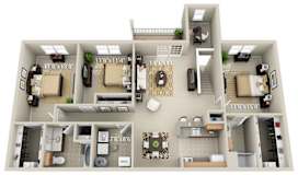 A 3D floor plan of an apartment with dimensions and room layout.