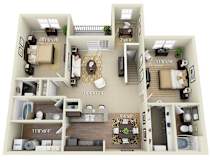 A 3D floor plan of a house with labeled rooms and dimensions.