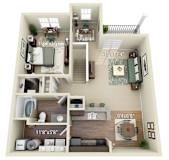 A 3D floor plan of a house showing the layout of the rooms.