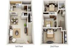 A floor plan of a two-story apartment with dimensions of each room.