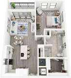 A floor plan of a small apartment with a kitchen, living room, and bedroom.