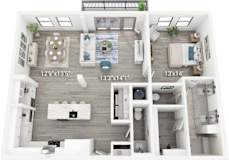 A floor plan of a small apartment with a living room, kitchen, and two bedrooms.