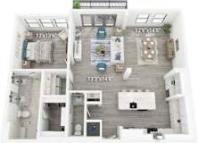 A floor plan of a two-bedroom apartment with a living room, kitchen, and bathroom.