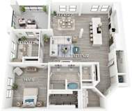 A floor plan of a two-story home with a living room, dining room, kitchen, and bedrooms.